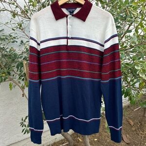 Vintage 1980s Sparetime Striped Knit Polo Sweater XL Made in Korea